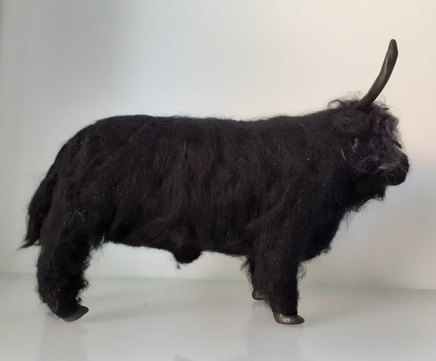 Black Highland Bull, needle felted wool, ooak,collectable cattle 