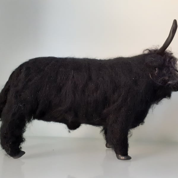 Black Highland Bull, needle felted wool, ooak,collectable cattle 