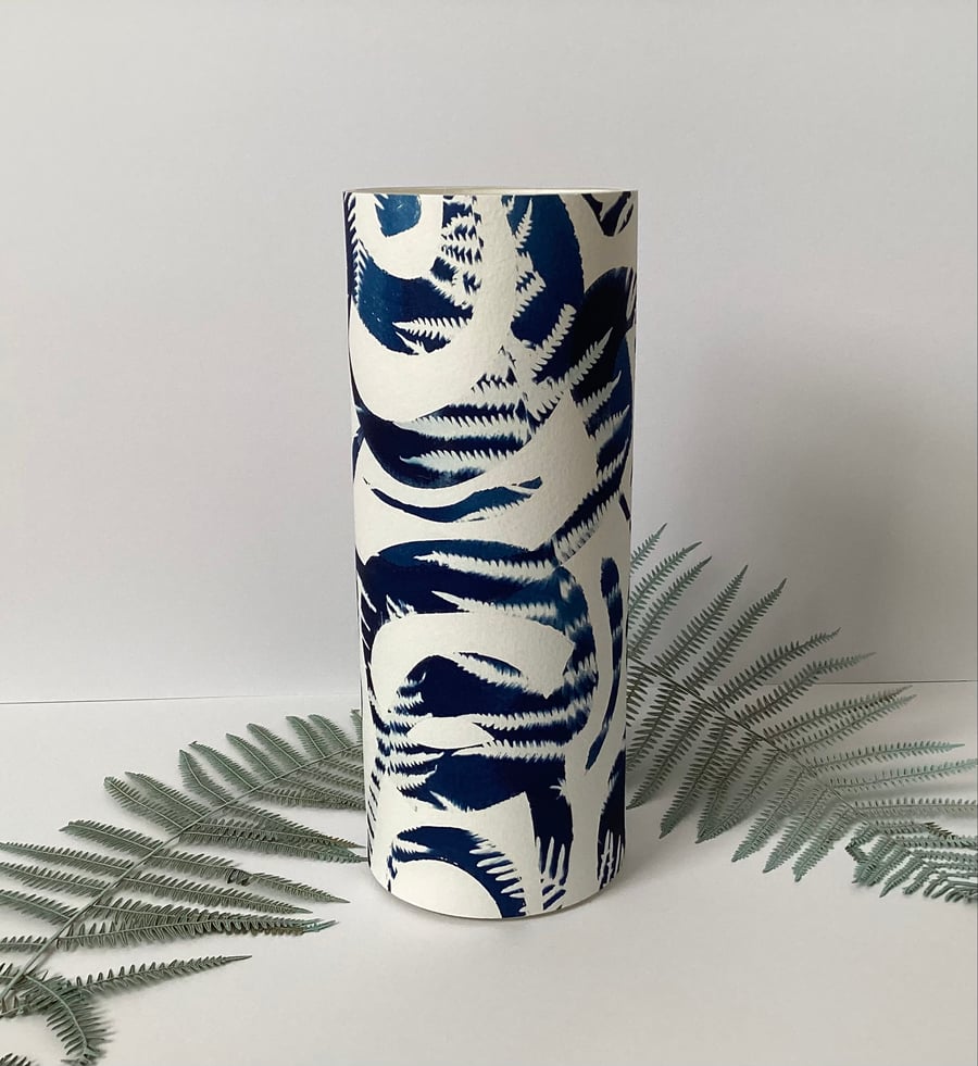 Abstract Swirling Ferns  Cyanotype Glass vase Flowers Fairy Lights Display OOAK.