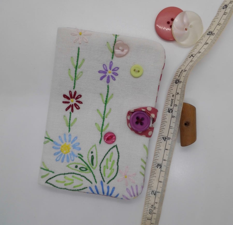 SOLD Sewing needle case with repurposed embroidery and pink spotty fabric 