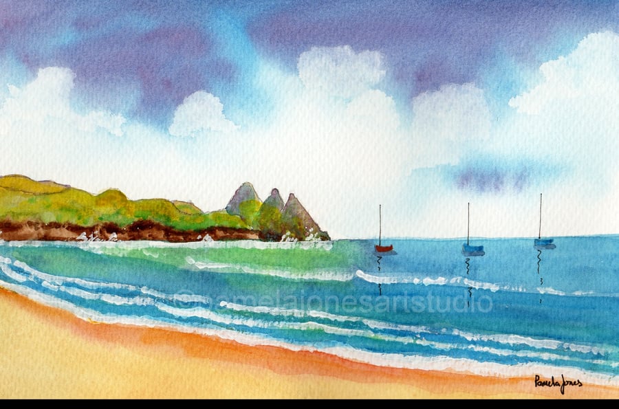 Three Cliffs Bay, Gower, South Wales, Original Watercolour, In 14 x 11 '' Mount