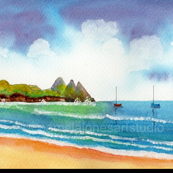 Three Cliffs Bay, Gower, South Wales, Original Watercolour, In 14 x 11 '' Mount