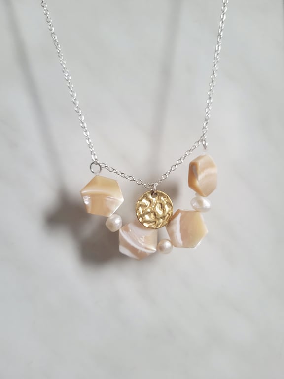 Hexagon genuine mother of pearl and fresh water pearl 18 inch necklace