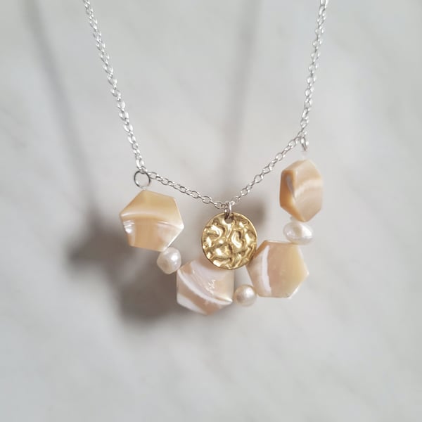 Hexagon genuine mother of pearl and fresh water pearl 18 inch necklace