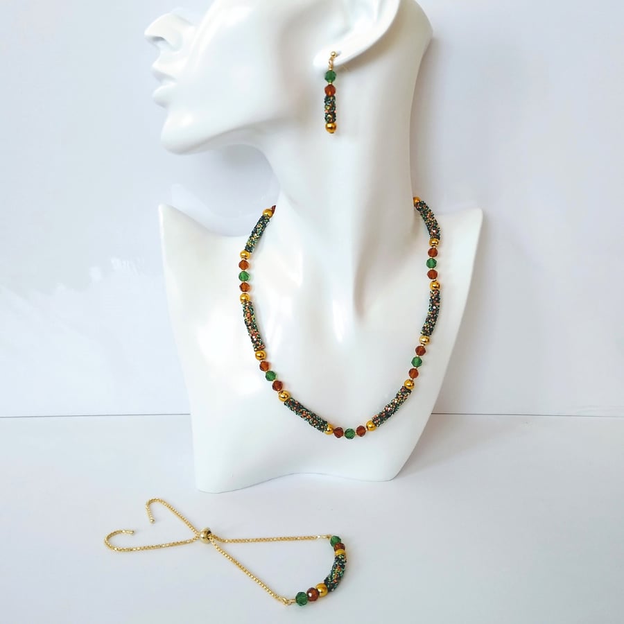 Forest Green Gold & Copper Diamond Crystal Sparkle Necklace, Earrings & Bracelet