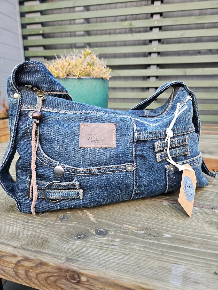 Jeans upcycled handbag, handmade dark jeans bag - Folksy