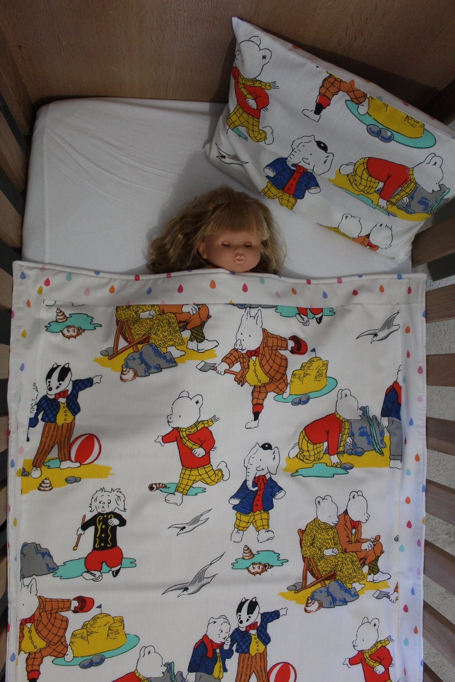 Handmade Padded Cot Quilt with matching Pillowcase, Rupert design