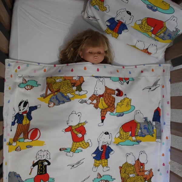 Handmade Padded Cot Quilt with matching Pillowcase, Rupert design