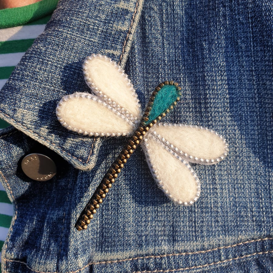 Hand Felted Dragonfly Brooch With Zip Edge Outline