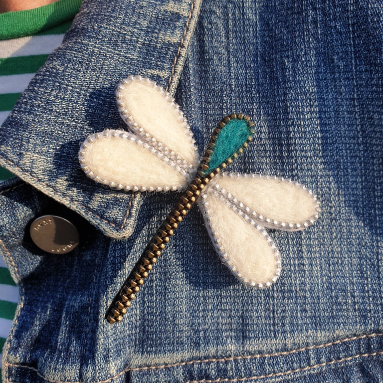 Hand Felted Dragonfly Brooch With Zip Edge Outline