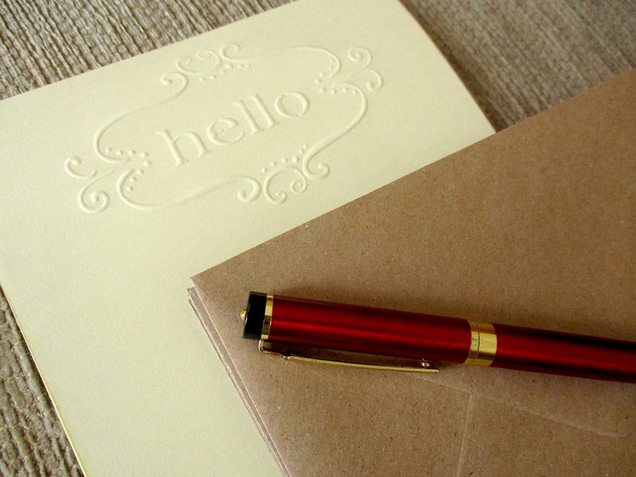 Embossed "HELLO" Writing Paper Set - 15 Pieces - Goatskin 