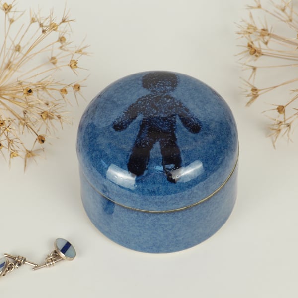 Ceramic Blue Lidded Pot with Man design