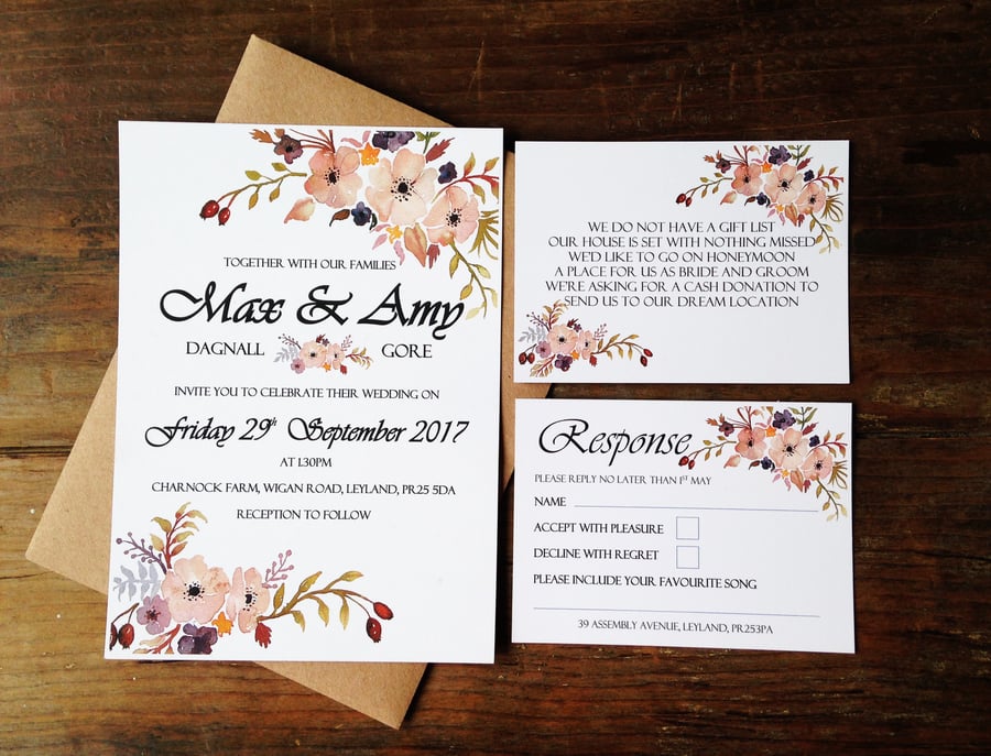 Wedding invitations, floral, flowers, elegant, rustic, pink, summer, spring