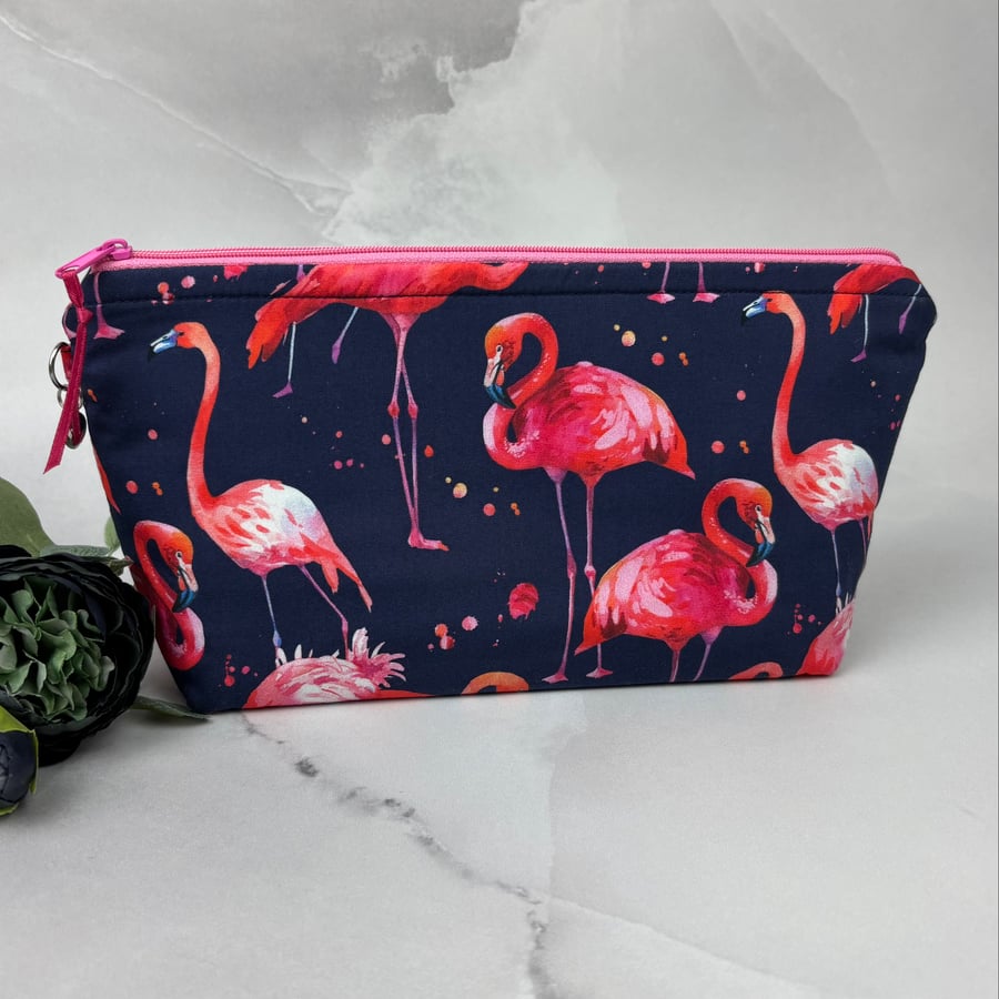 Flamingos zip bag, Birds makeup bag, Handmade
