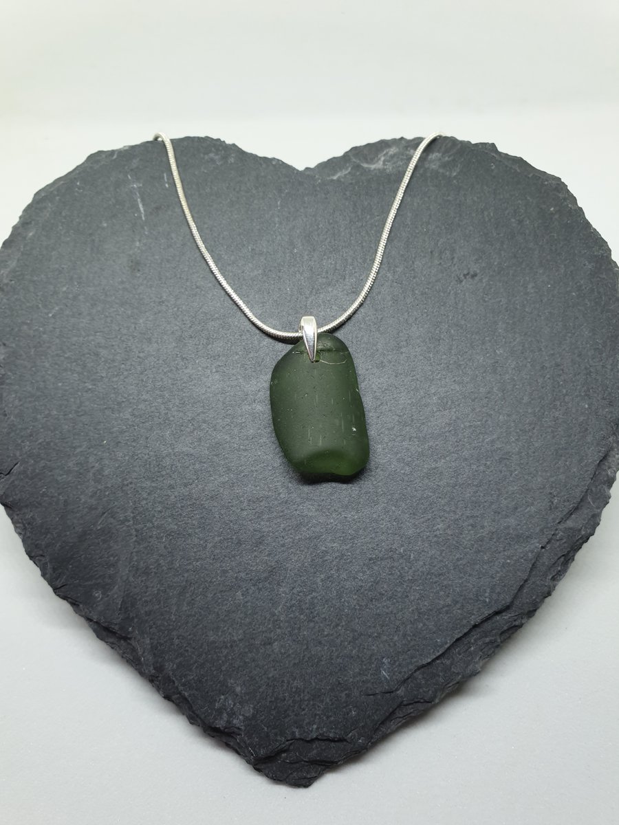 Green sea glass pendant with chain