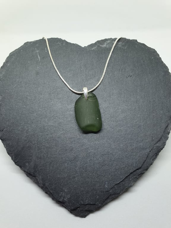 Green sea glass pendant with chain