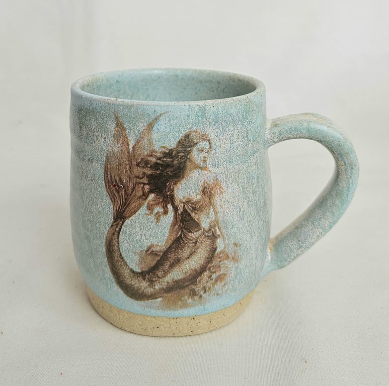 A handmade Mermaid and seashells mug, stoneware cup, turquoise mug