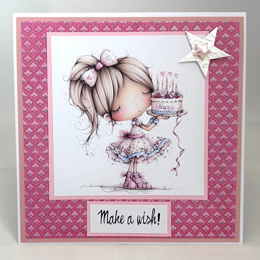 Pretty girl with cake make a wish birthday card 