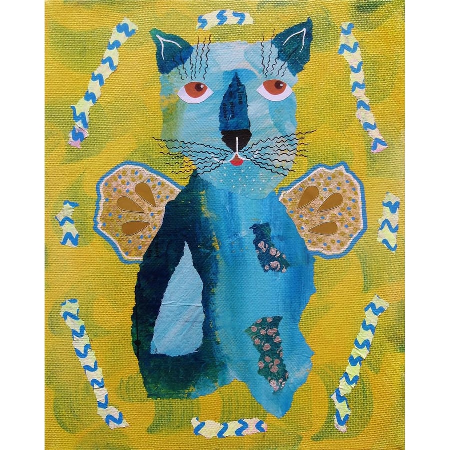 Cute Cat Painting Artwork Outsider Folk Art Blue Kitty On 8 x 10" Canvas