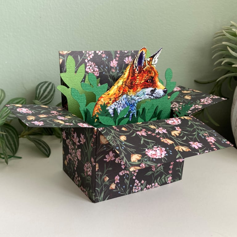 Fox card; Personalised, birthday or blank. Fox "pop up" gift card holder.