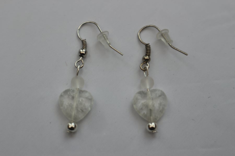 Silver plated beaded earrings- white millefiori heart