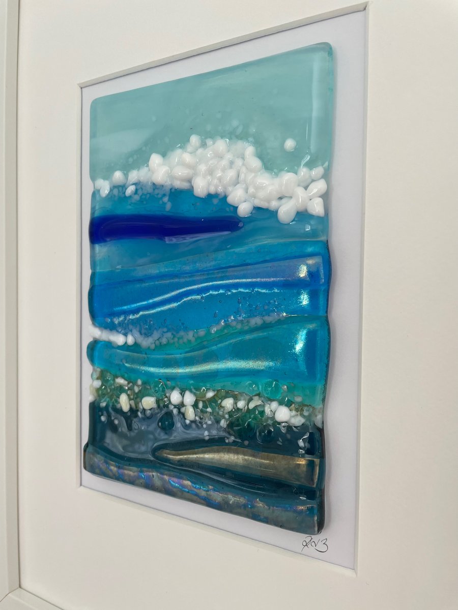 Blue, teal and turquoise fused glass seascape 