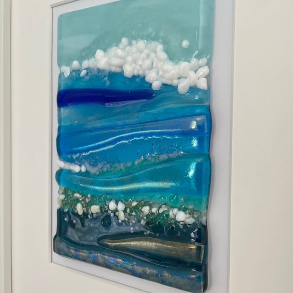 Blue, teal and turquoise fused glass seascape 