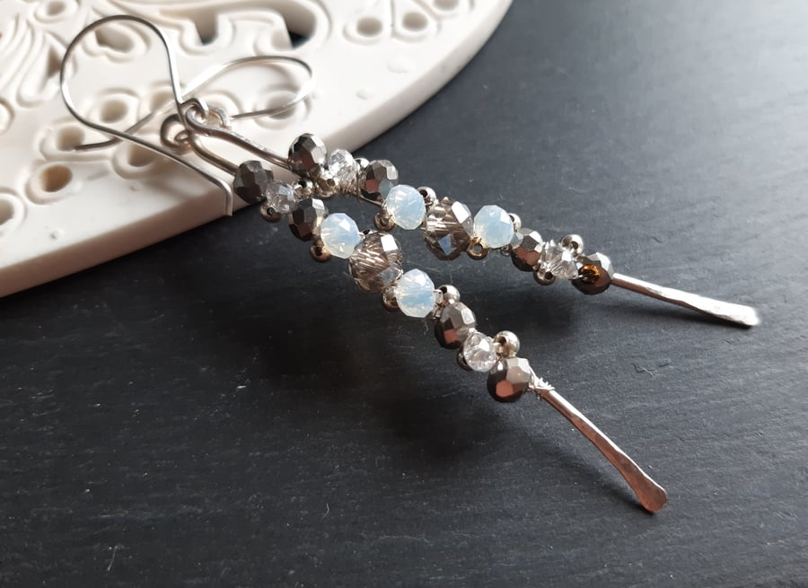 Sparkle Sticks Hand wired crystal cluster earrings  Silver Stream