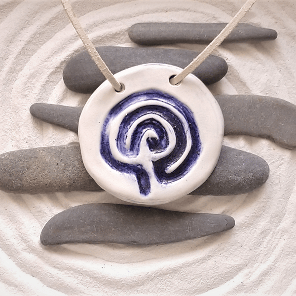 Ceramic pendant, a portable finger labyrinth jewellery white clay and cobalt 06