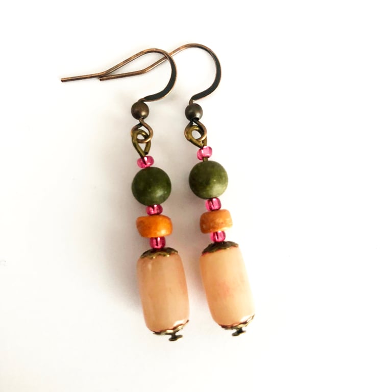 Light Coral Pink Orange Green Pink Seed Beads Dangle Drop Earrings