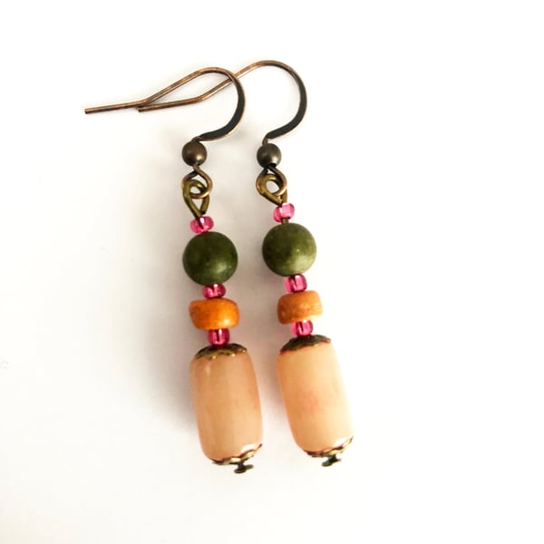 Light Coral Pink Orange Green Pink Seed Beads Dangle Drop Earrings
