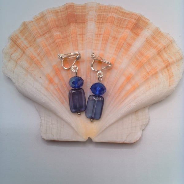 Navy Rectangle and Cobalt Blue Crystal Clip on Earrings, Gift for Her, Clip Ons