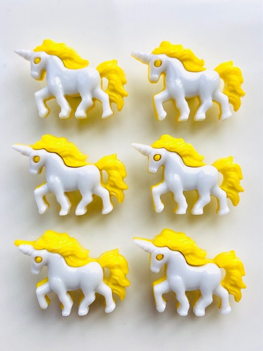 6 Unicorn Buttons, Yellow Trim, 25mm Long by 18mm High, Buy One Get One Free
