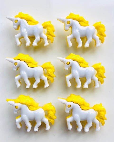 6 Unicorn Buttons, Yellow Trim, 25mm Long by 18mm High, Buy One Get One Free
