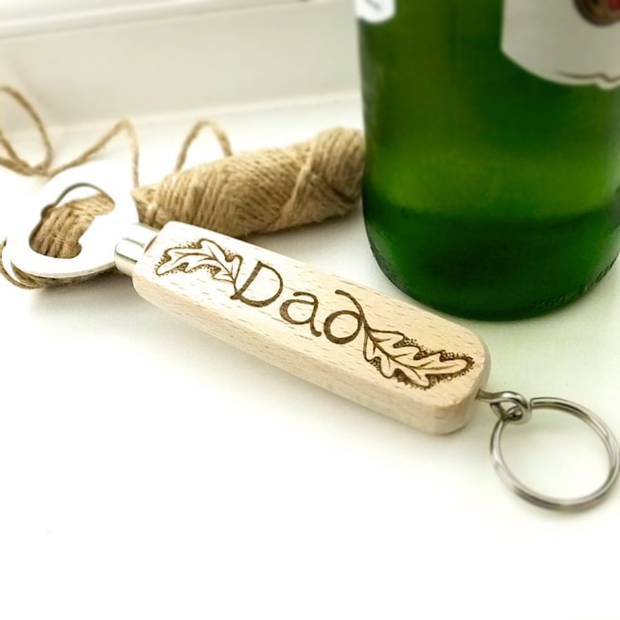 Wooden Bottle Opener, Personalised with Pyrography, Oak Leaf Design For Dad