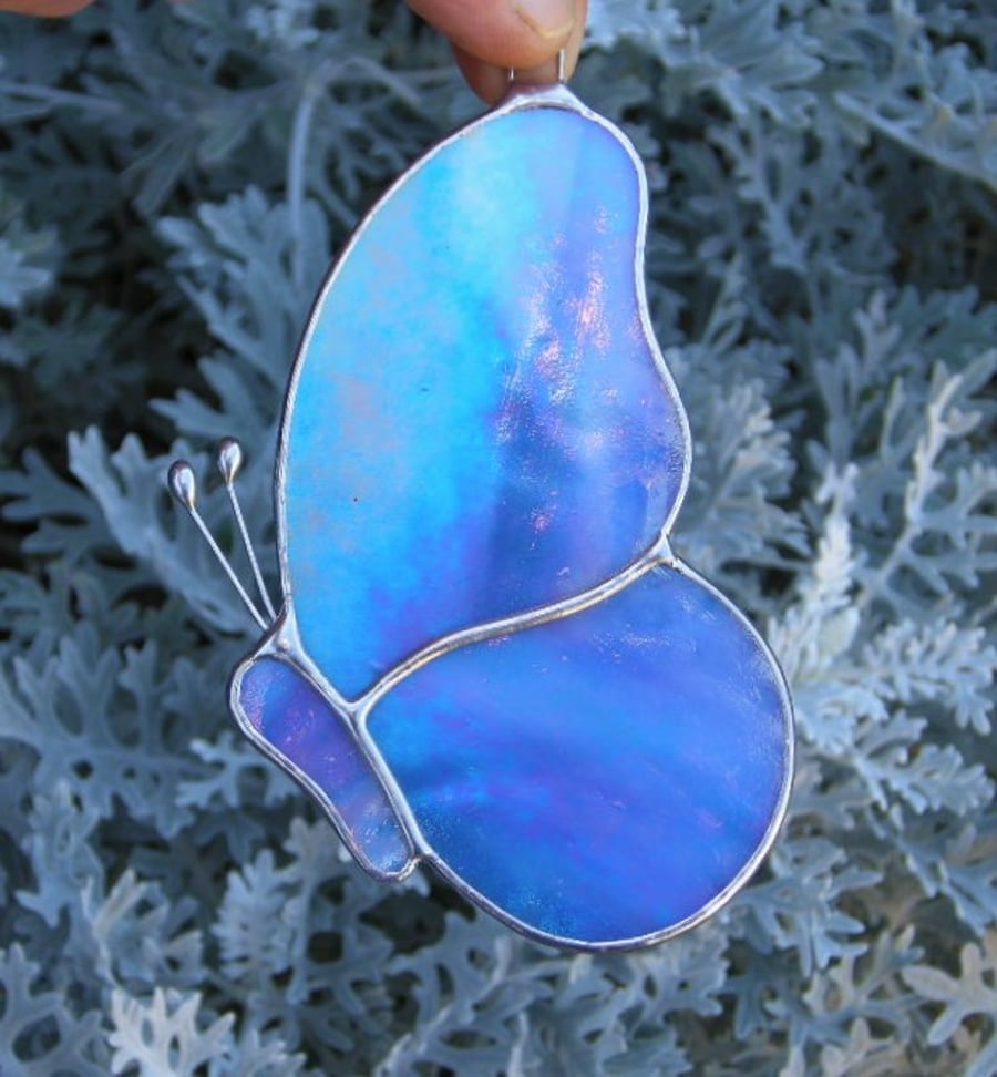 Stained Glass Butterfly with iridescent blue and white glass