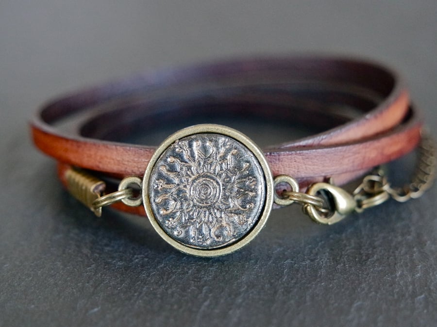 Leather bracelet - mandala black bronze brown