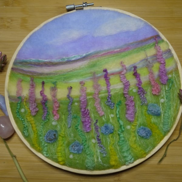 Needle Felted Handmade Pastel Meadow Embroidery hoop Original Art