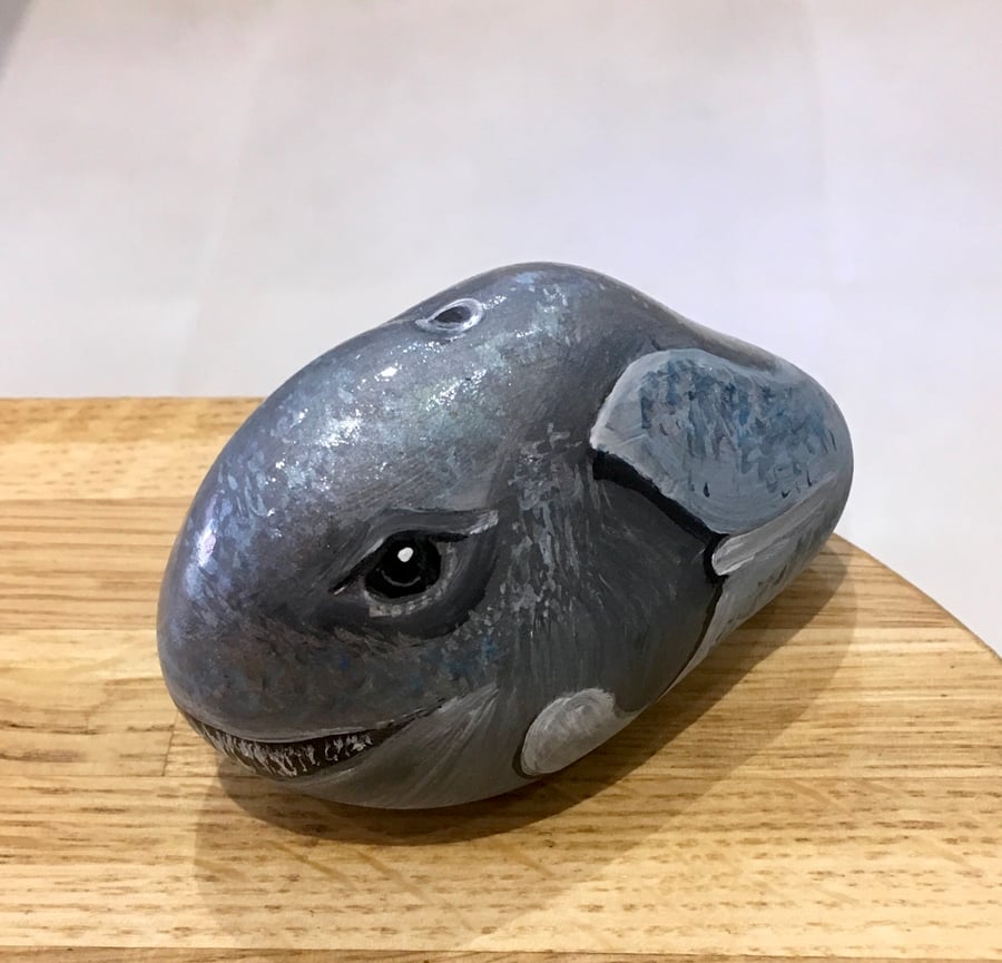 Whale painted pebble garden rock art wildlife portrait 