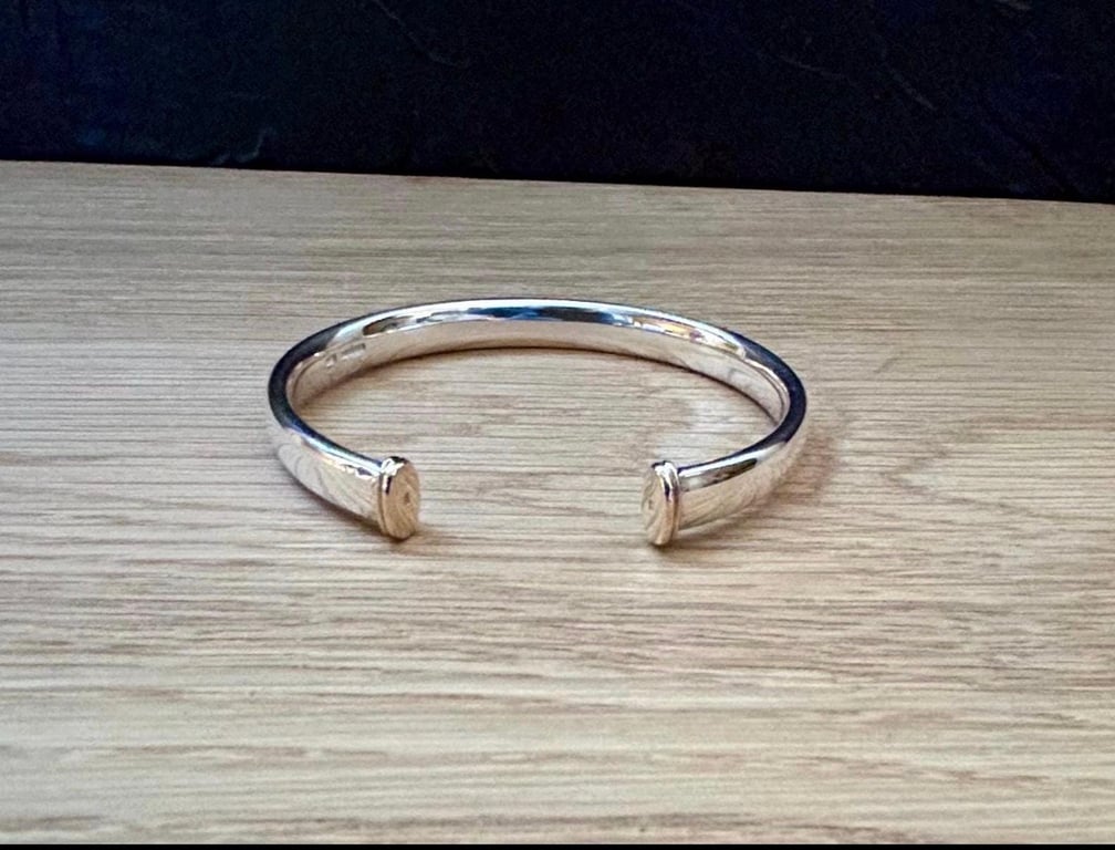 "Aurora" - Heavy Sterling Silver Torc Bangle 9ct caps - Made to any size - 8x4mm