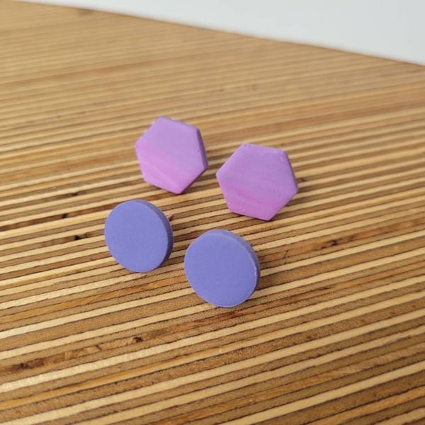 Purple Haze - Hexagon and Circle Polymer Clay Earrings 2 Pack