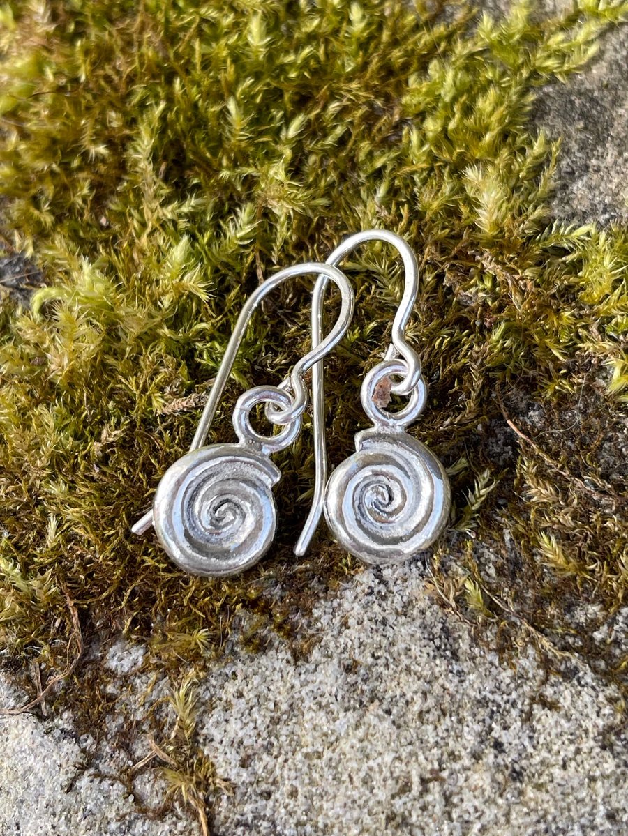 silver spiral earrings, ammonite dangles