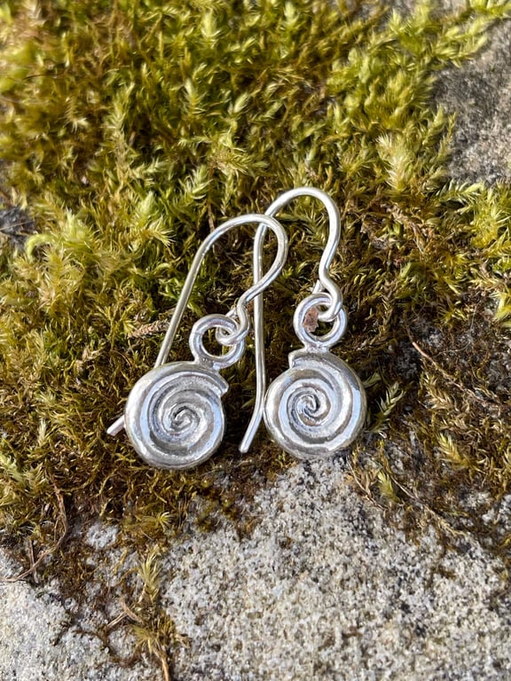 silver spiral earrings, ammonite dangles