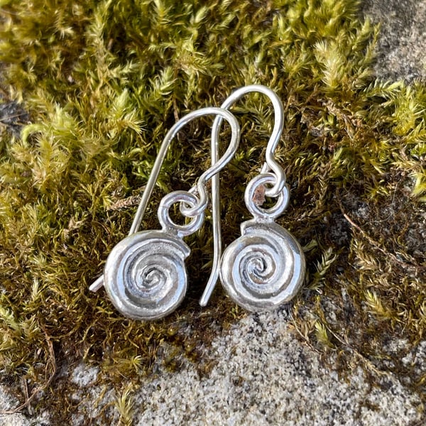 silver spiral earrings, ammonite dangles