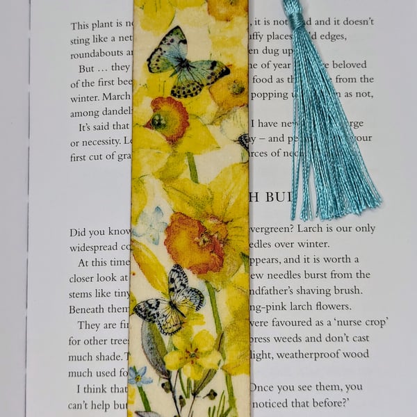 Wooden bookmark with daffodils & butterflies decoupaged design, Mothers Day gift