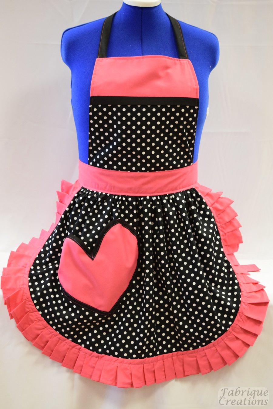 Vintage 50s Style Full Apron - Valentines Black & White Polka Dot with Pink Trim