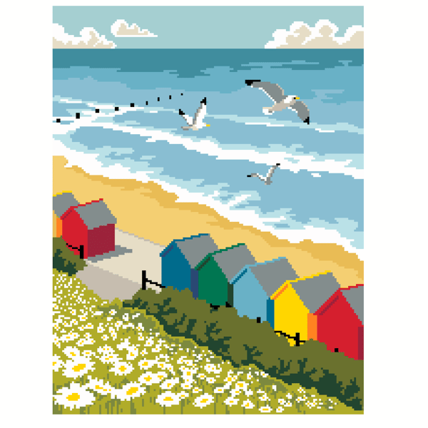 145A Easy cross stitch pattern British Beach Huts Vintage Railway SeasidePoster 