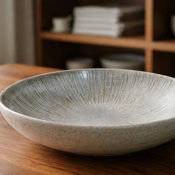 Handcrafted Deep Stoneware Plate Kiku-Inspired, Slab Built & Hand Carved