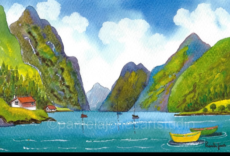 Yellow Boat, Fjord, Norway, watercolour Print, in 8 x 6 '' Mount