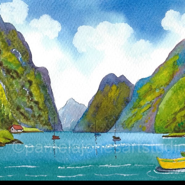 Yellow Boat, Fjord, Norway, watercolour Print, in 8 x 6 '' Mount